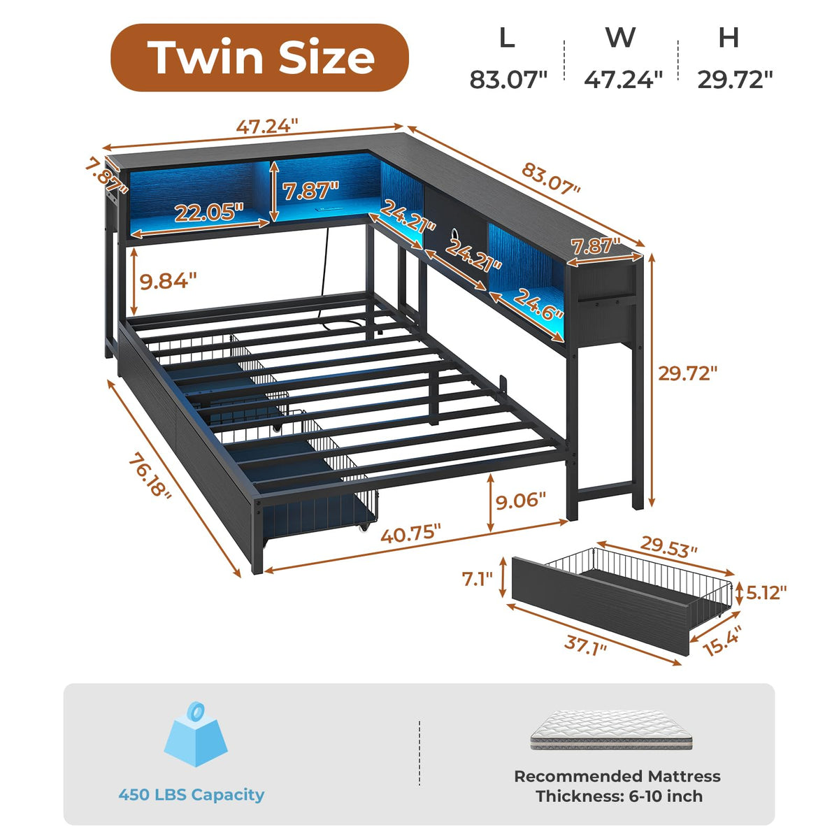 Black Twin Metal Platform Bed Frame with Storage Drawers Z170499