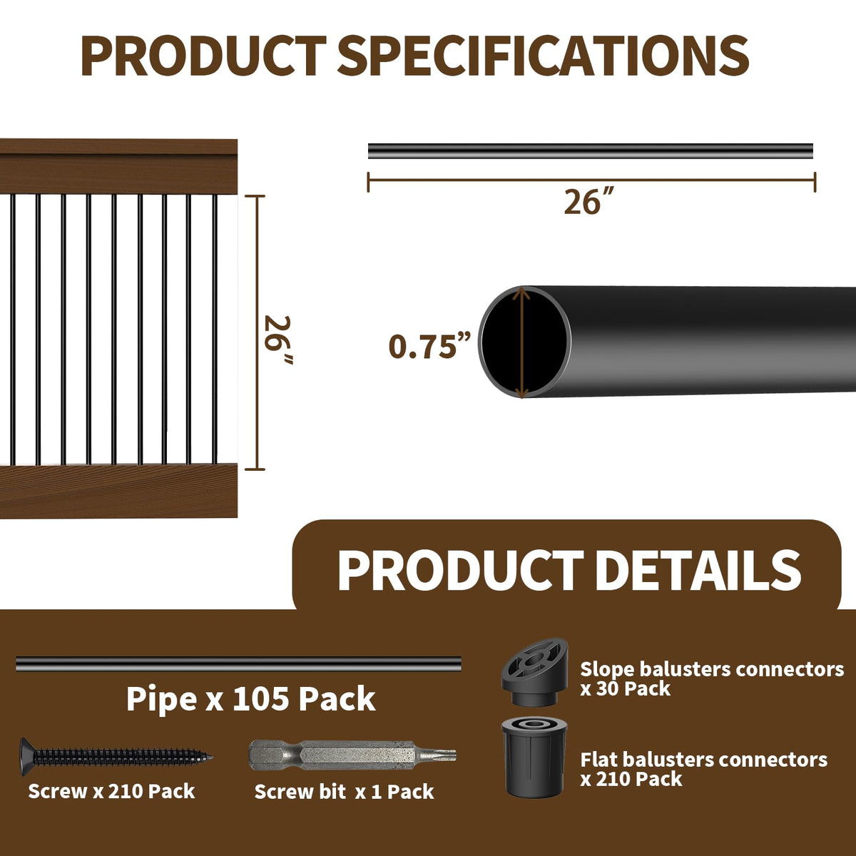 105 Pack 26" Black Aluminum Deck Balusters U5691