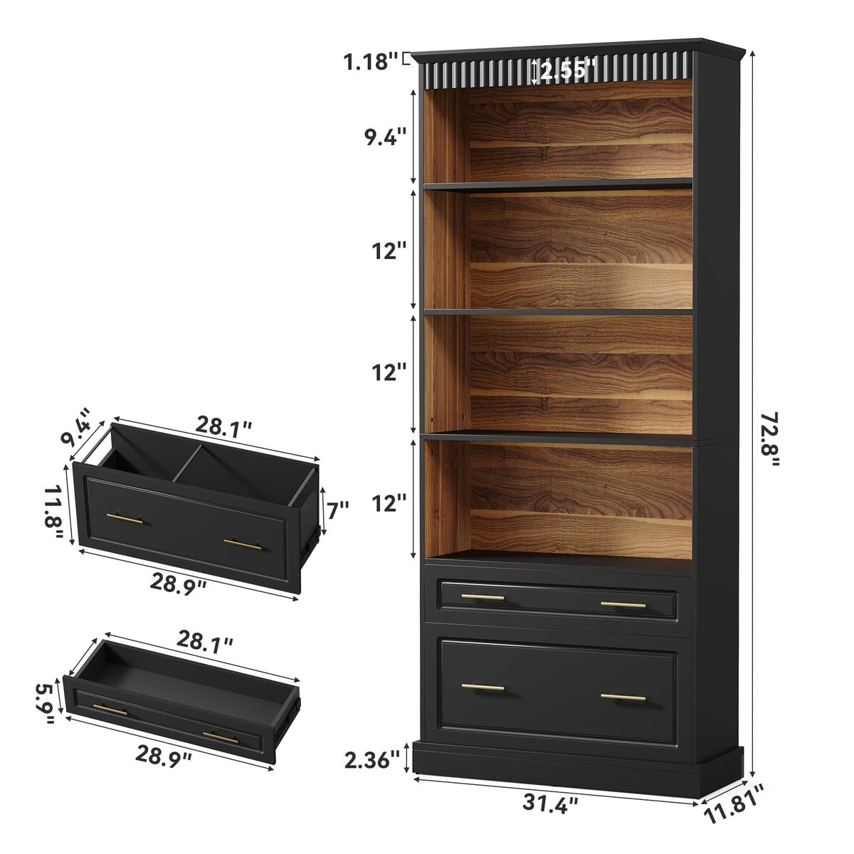 72" Tall Black 5-Tier Bookcase with 2 Drawers G86354