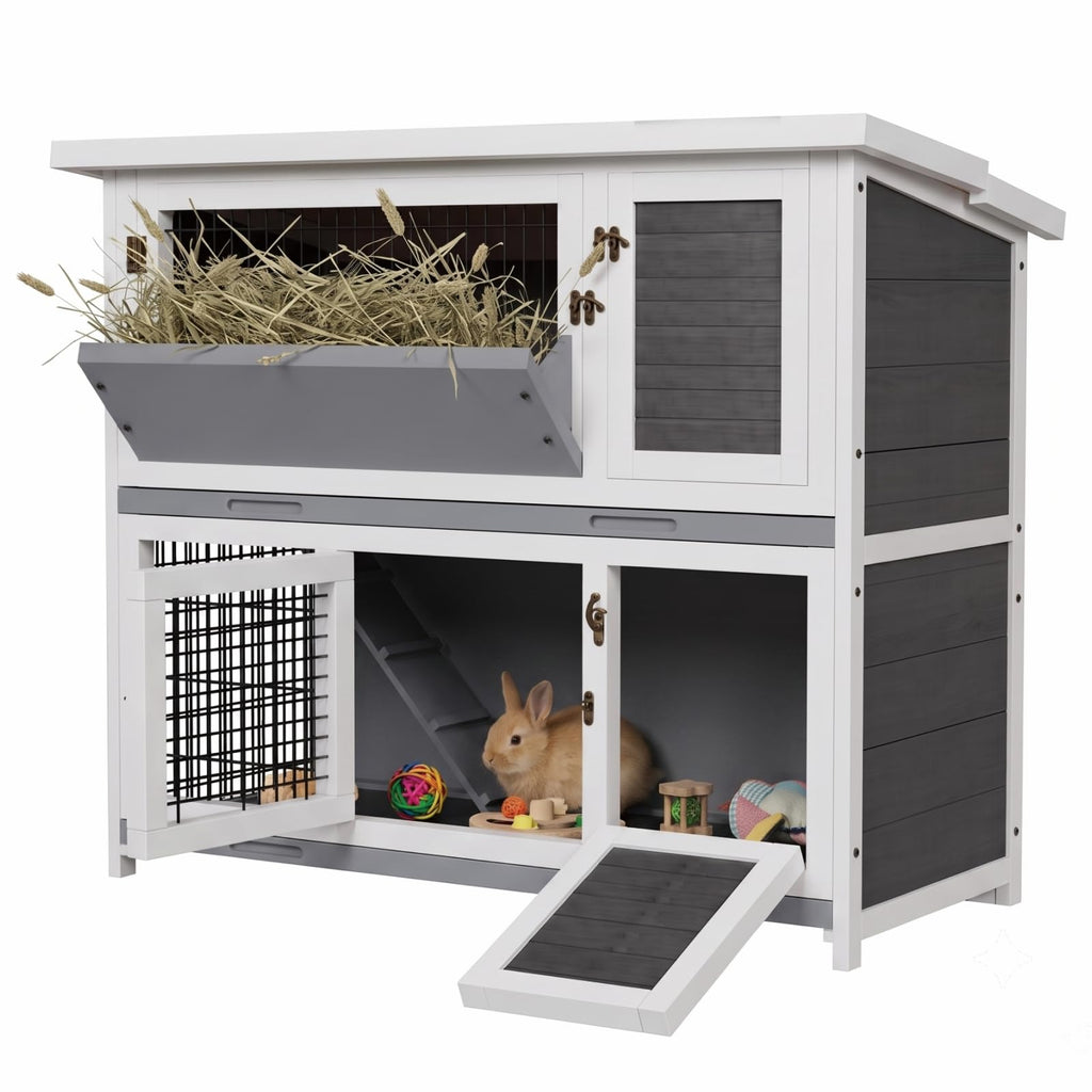 Large 2-Story Rabbit Hutch with Hay Feeder D59262