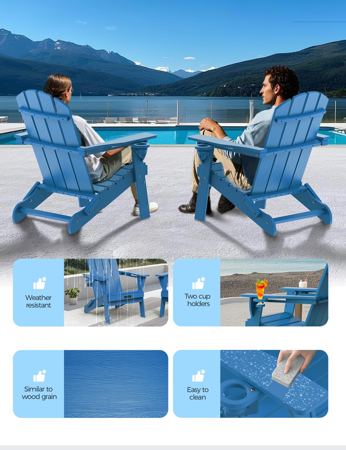 Folding Adirondack Chair with 2 Cup Holder Blue W431