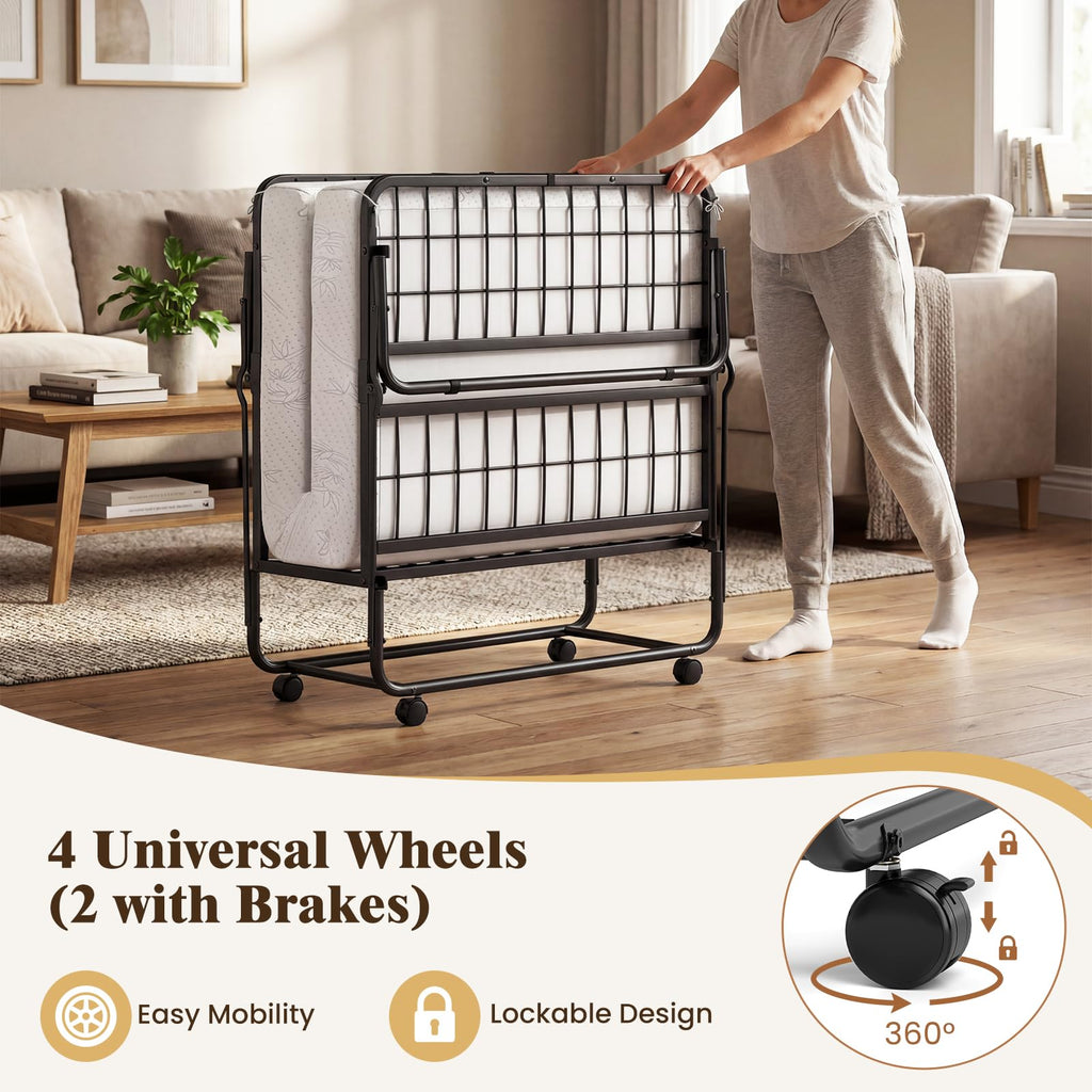 Folding Bed with 5-Inch Mattress, Twin Size Foldable Guest Bed with Metal Frame I9700