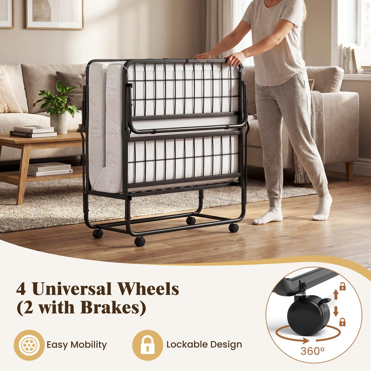 Folding Bed with 5-Inch Mattress, Twin Size Foldable Guest Bed with Metal Frame I9700