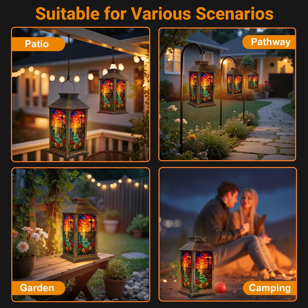 Solar Lantern Outdoor Waterproof Stained Glass Effect LED Hanging Tabletop Lamp B698