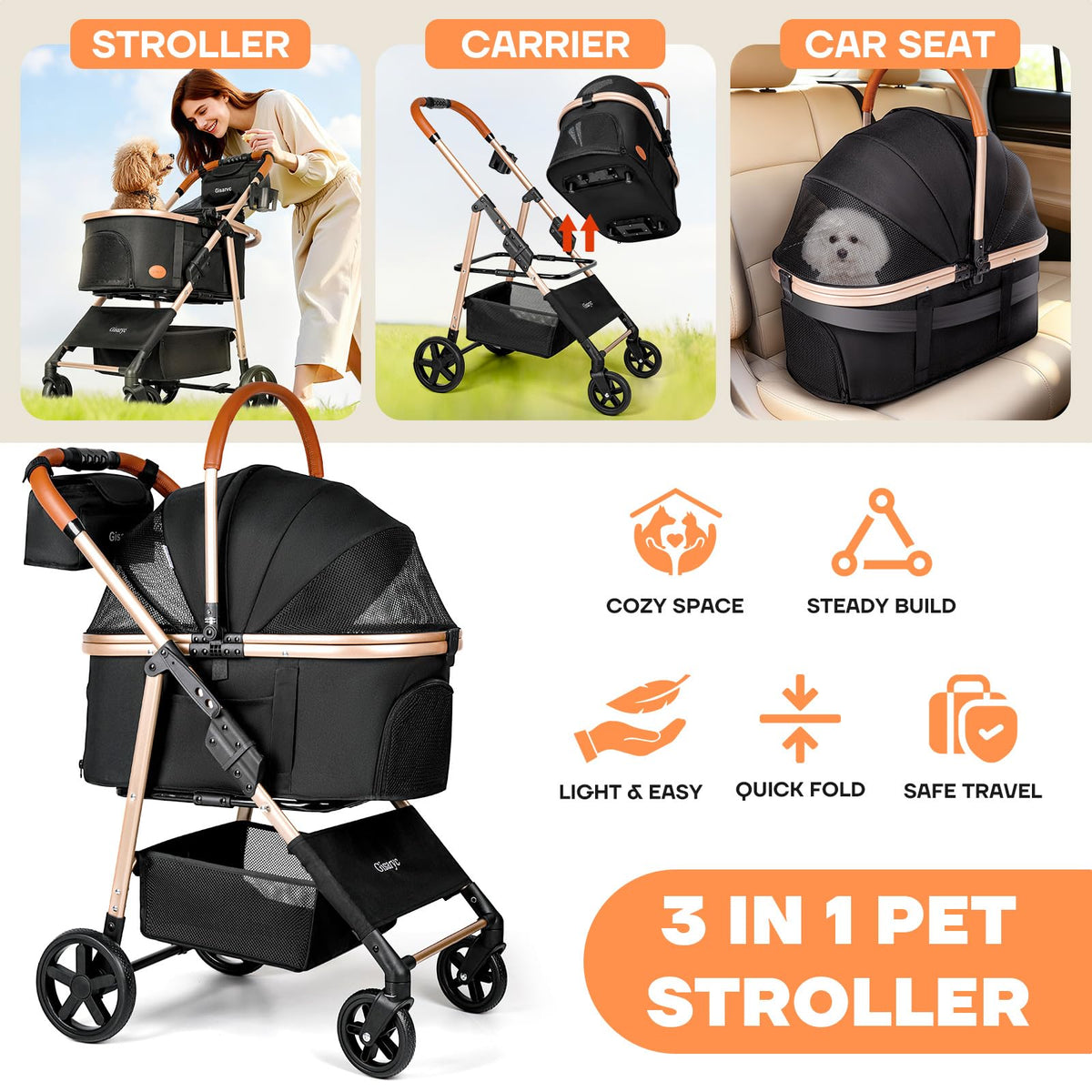 Black 3-in-1 Pet Stroller S726