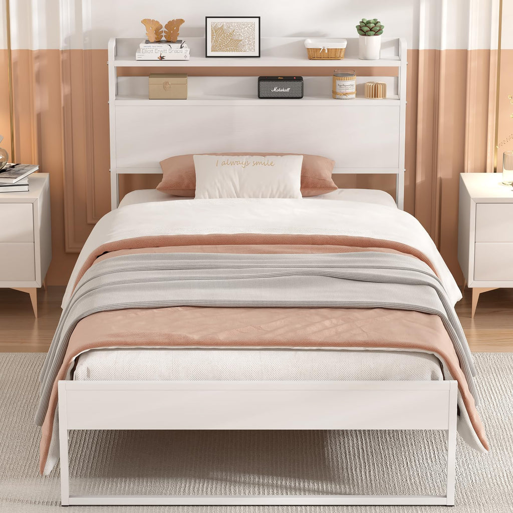 White Metal Twin Bed Frame with 2-Tier Storage Headboard Z480851
