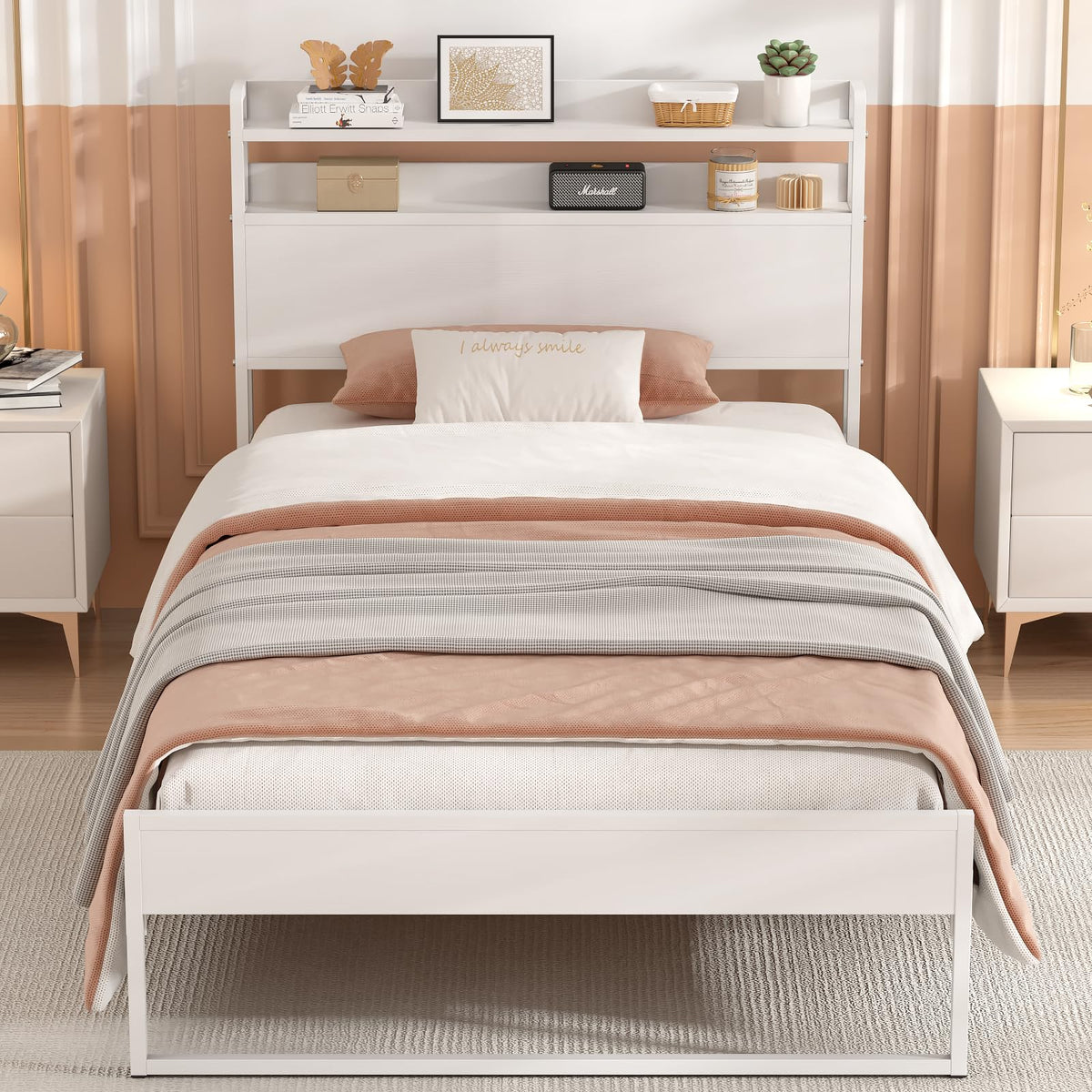 White Metal Twin Bed Frame with 2-Tier Storage Headboard Z480851