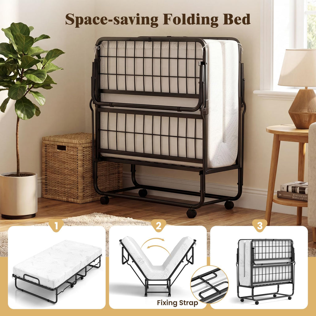 Folding Bed with 5-Inch Mattress, Twin Size Foldable Guest Bed with Metal Frame I9700