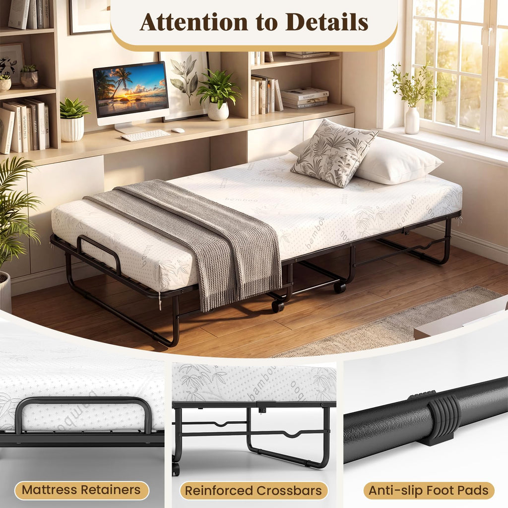 Folding Bed with 5-Inch Mattress, Twin Size Foldable Guest Bed with Metal Frame I9700