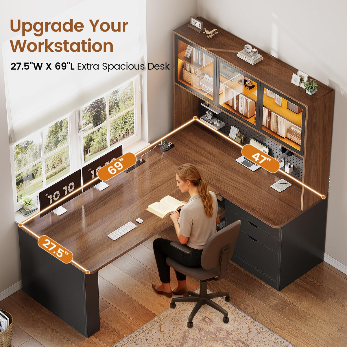 L Shaped Computer Desk with Drawer and Bookshelf B380