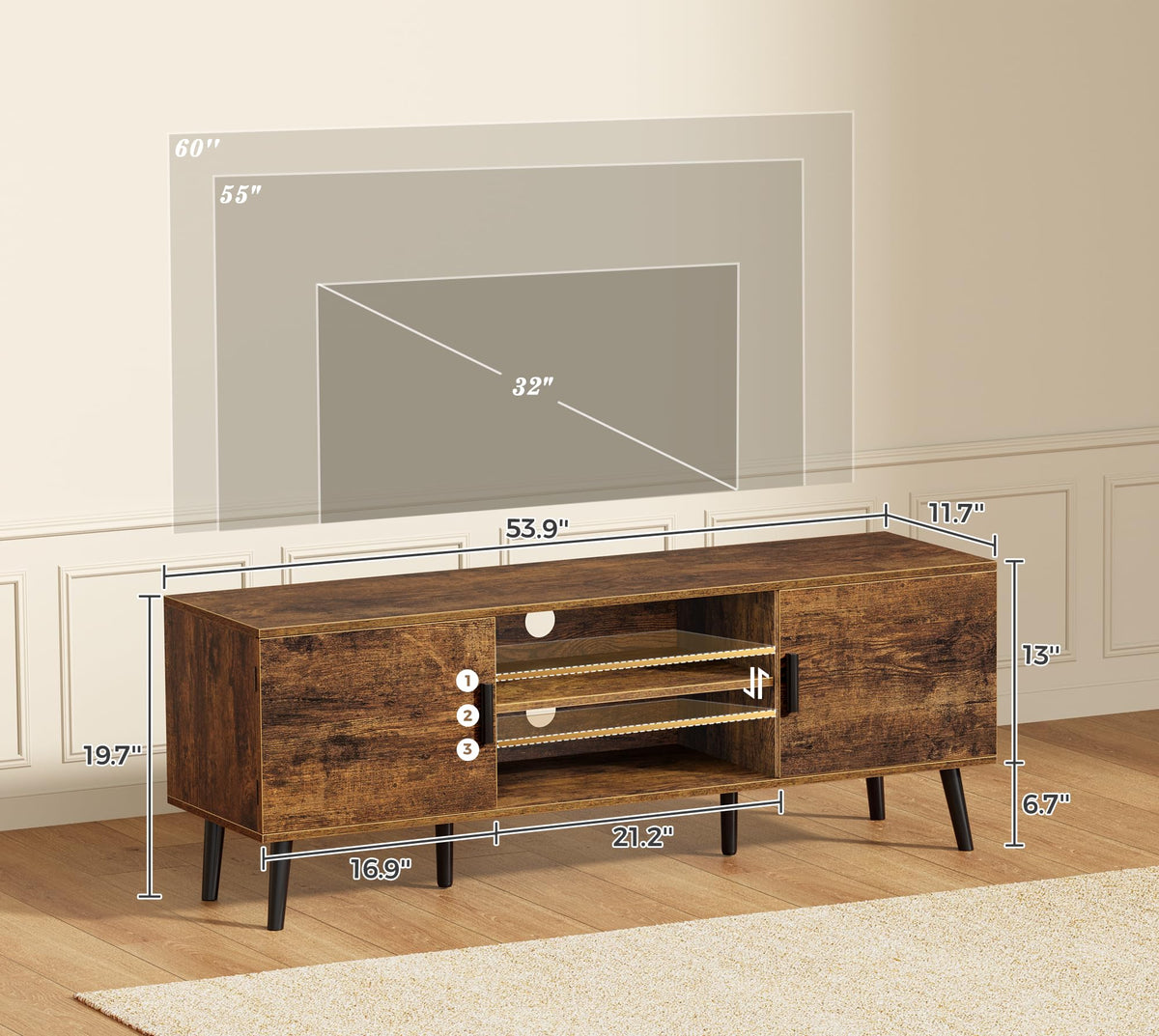 55 Inch TV Stand with Adjustable Shelf and 2 Cabinets U6128