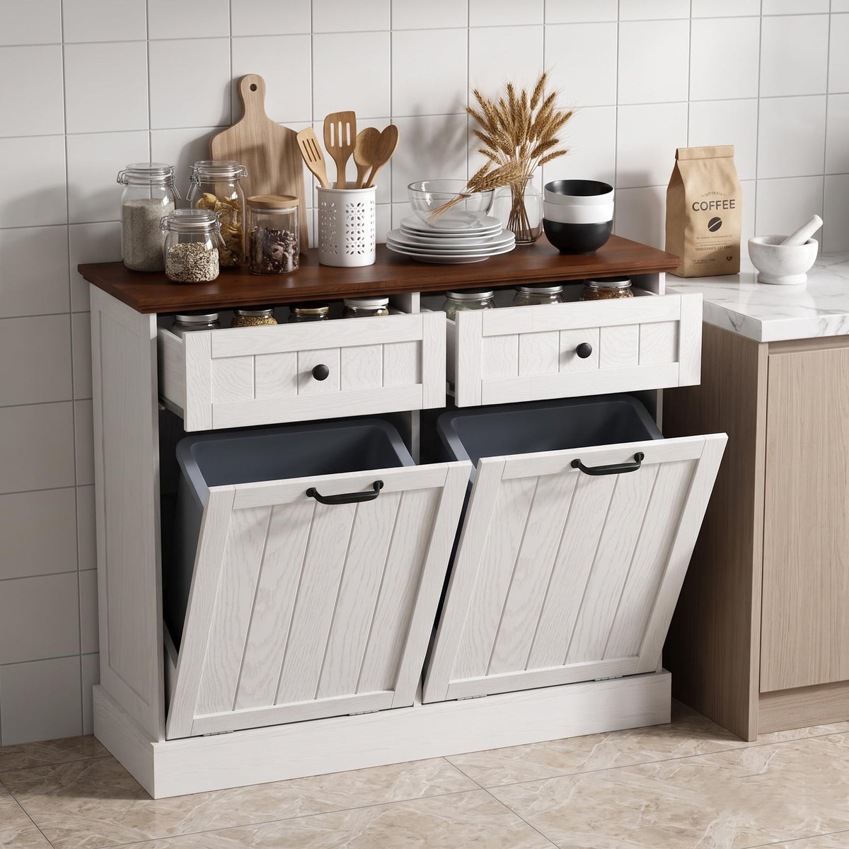 White 2x10 Gallons Tilt Out Trash Can Cabinet E9376