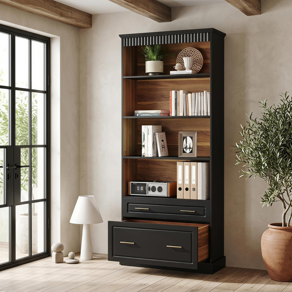 72" Tall Black 5-Tier Bookcase with 2 Drawers G86354