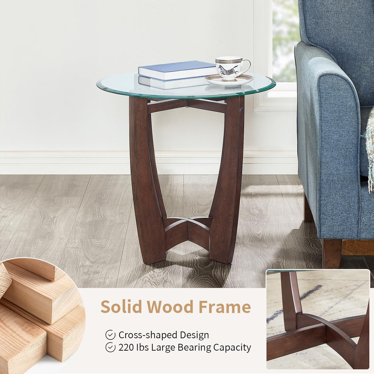 Round Glass End Table with Wood Base P96801