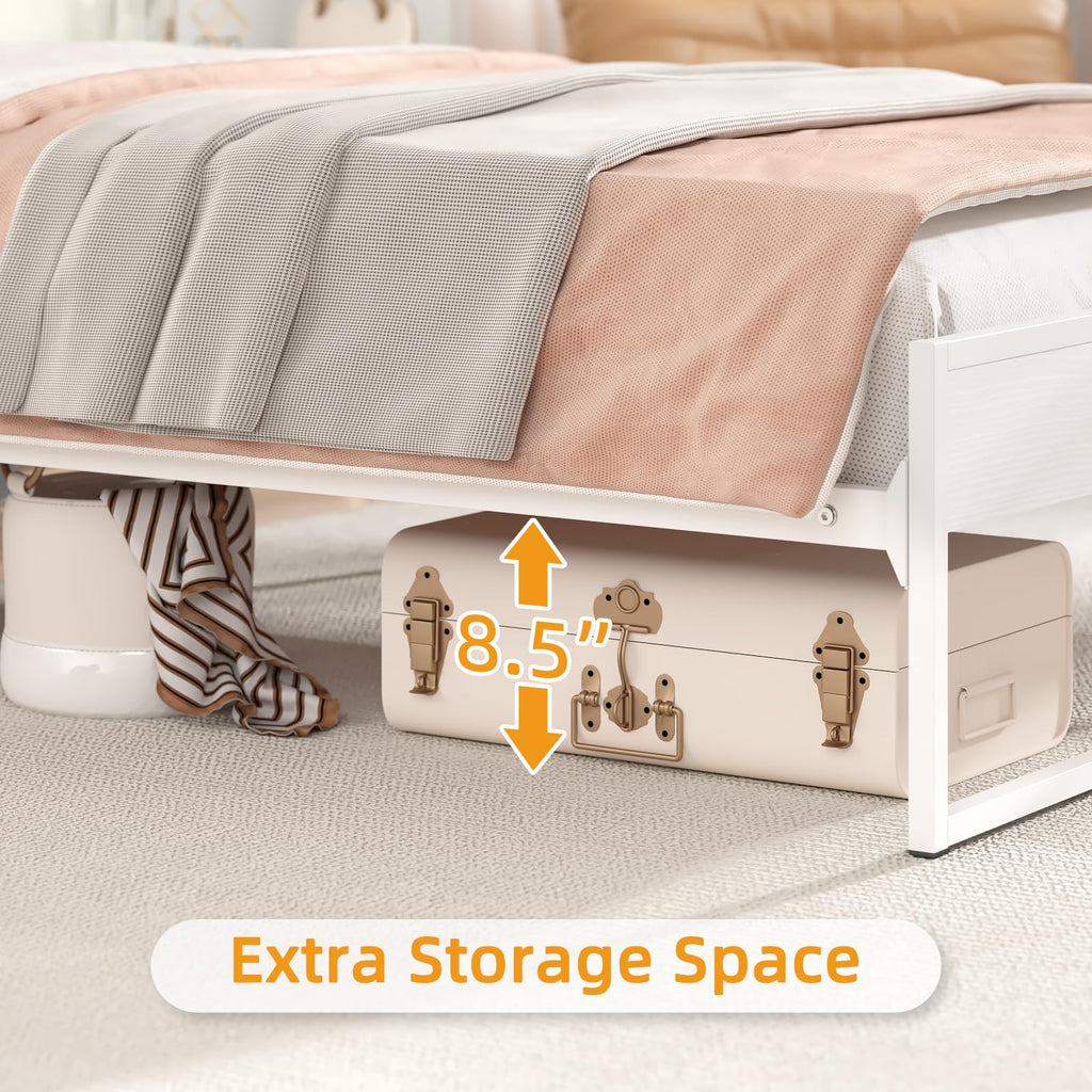 White Metal Twin Bed Frame with 2-Tier Storage Headboard Z480851
