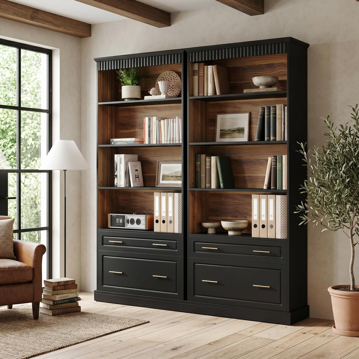 72" Tall Black 5-Tier Bookcase with 2 Drawers G86354