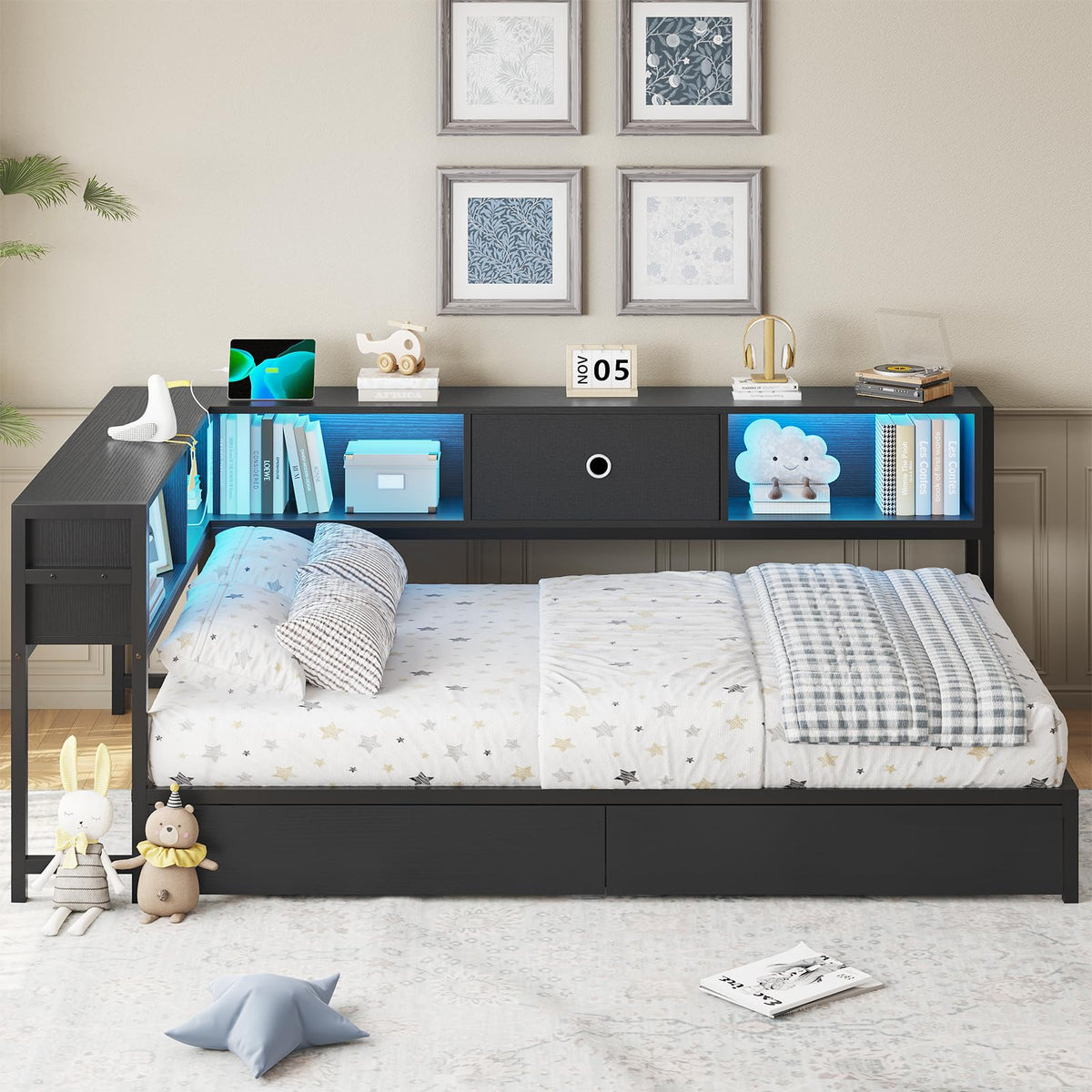 Black Twin Metal Platform Bed Frame with Storage Drawers Z170499