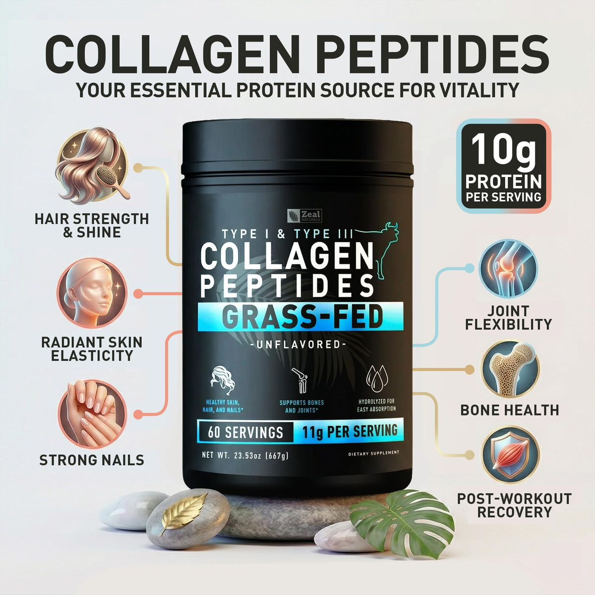 Hydrolyzed Collagen Peptides Powder, 10g Protein, Unflavored, 23.53 oz K607