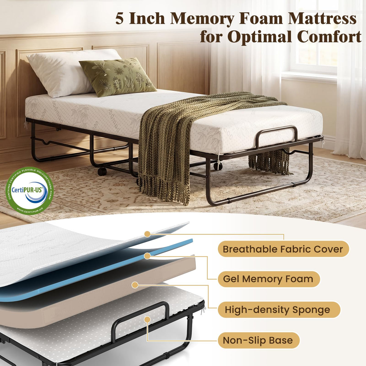 Folding Bed with 5-Inch Mattress, Twin Size Foldable Guest Bed with Metal Frame I9700