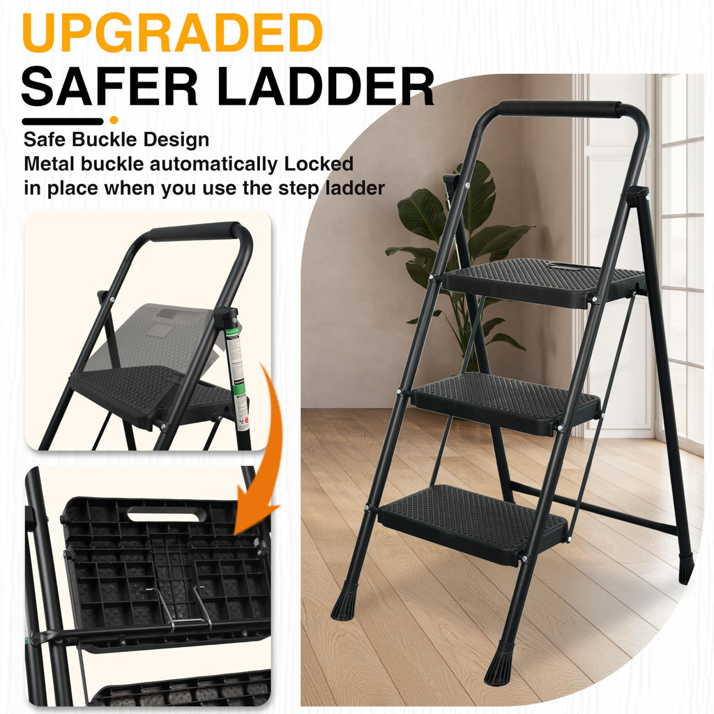 Portable Steel Folding Step Stool, 3-Step, Black Z6297