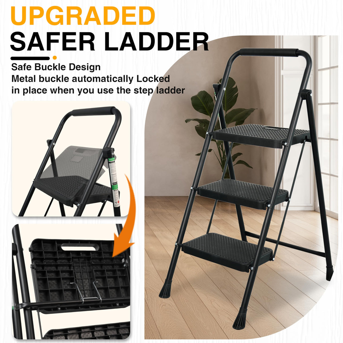 Portable Steel Folding Step Stool, 3-Step, Black Z6297