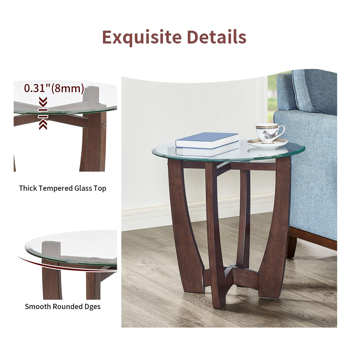 Round Glass End Table with Wood Base P96801