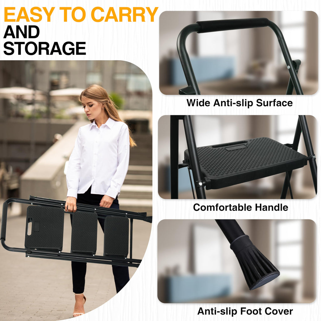 Portable Steel Folding Step Stool, 3-Step, Black Z6297
