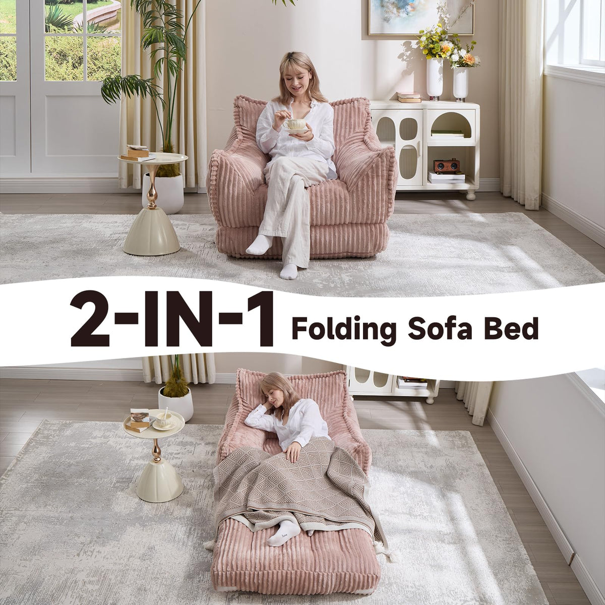 2 in 1 Folding Sofa Bed Pink A3558