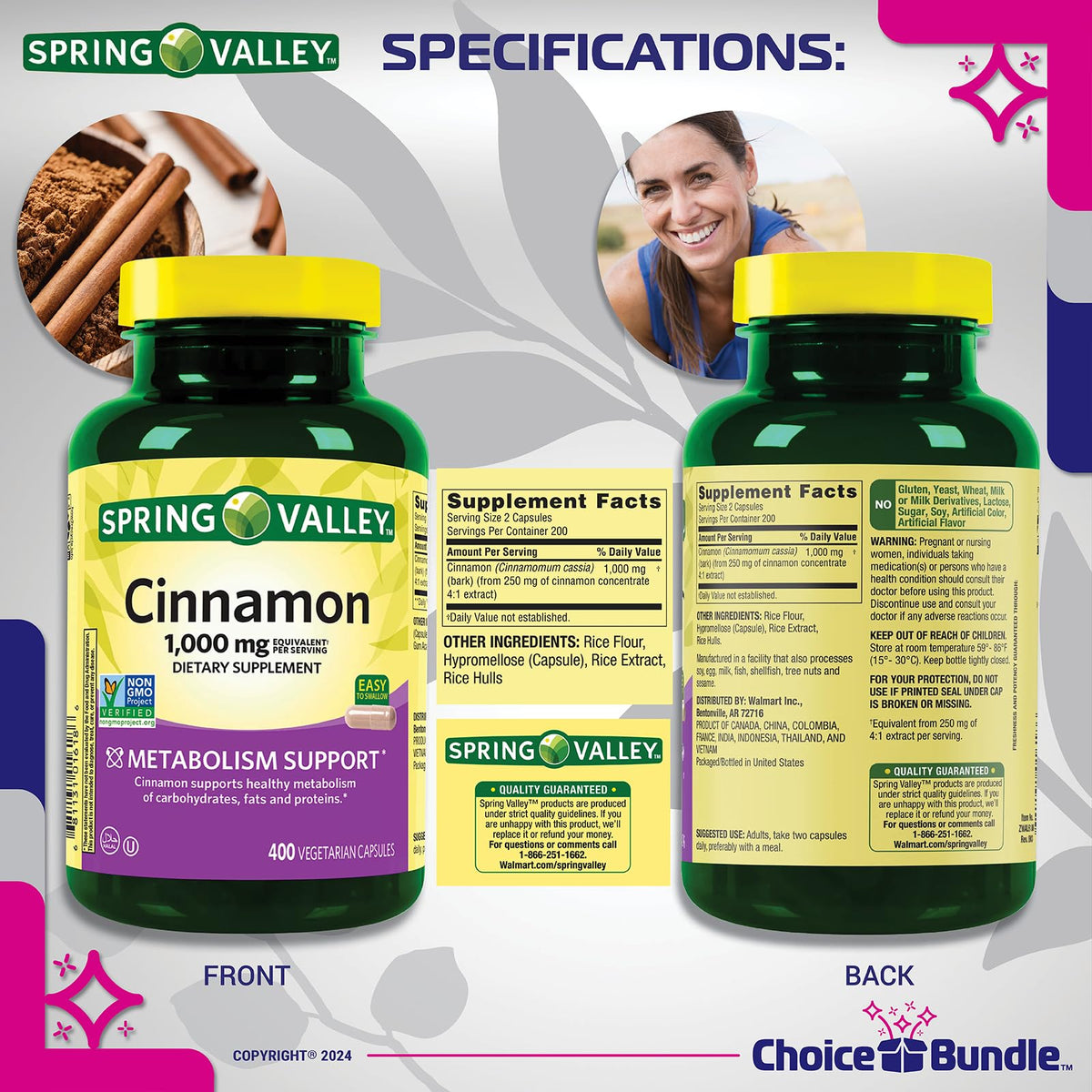 Cinnamon Supplement 1000mg Vegetarian Capsules 800 Total L65251