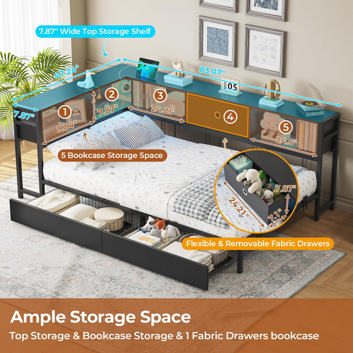 Black Twin Metal Platform Bed Frame with Storage Drawers Z170499