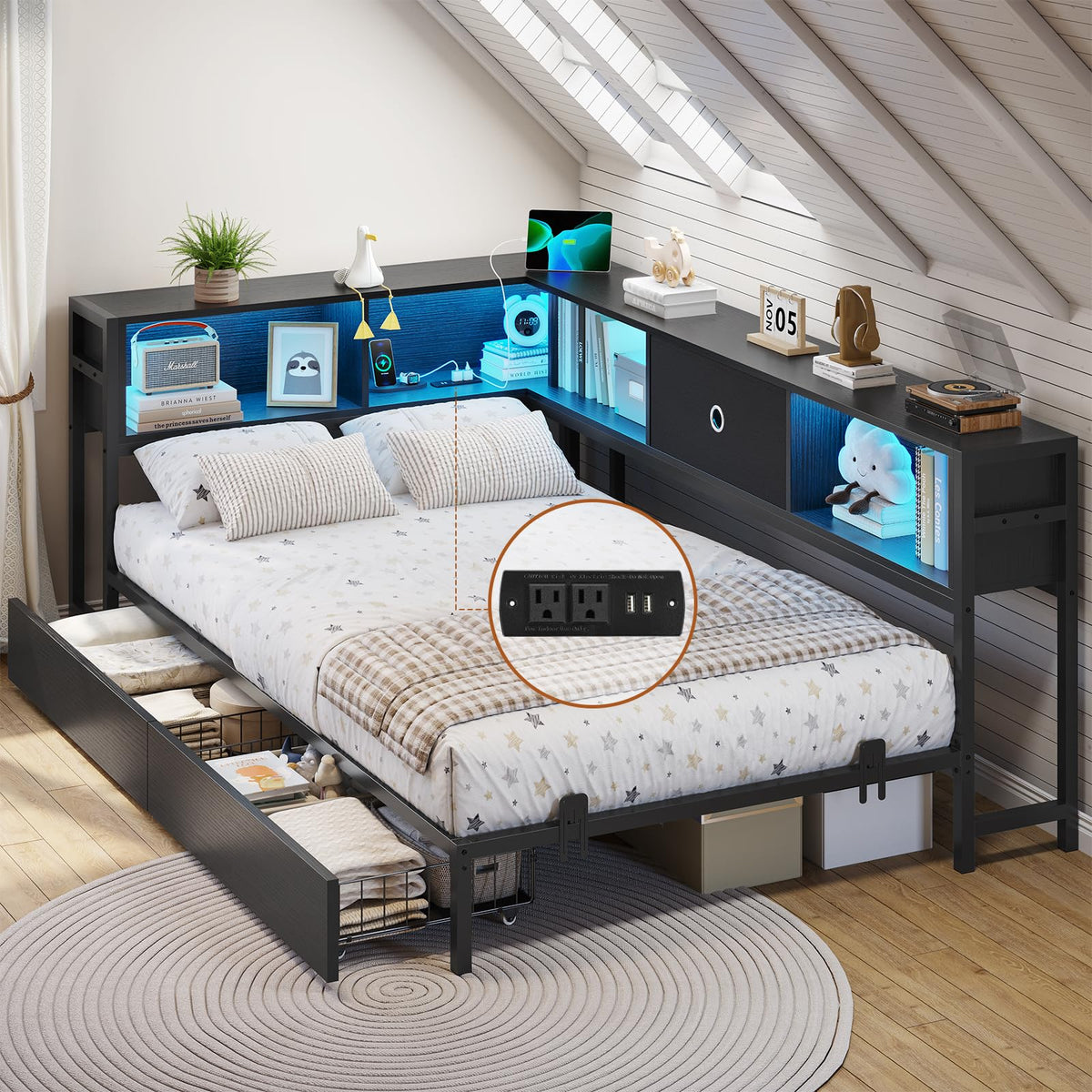Black Twin Metal Platform Bed Frame with Storage Drawers Z170499