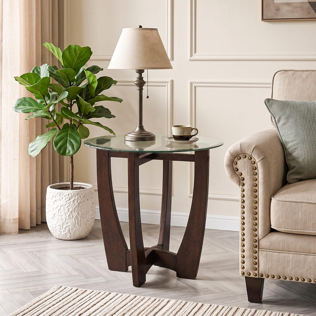 Round Glass End Table with Wood Base P96801