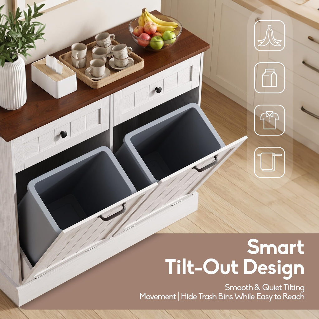 White 2x10 Gallons Tilt Out Trash Can Cabinet E9376