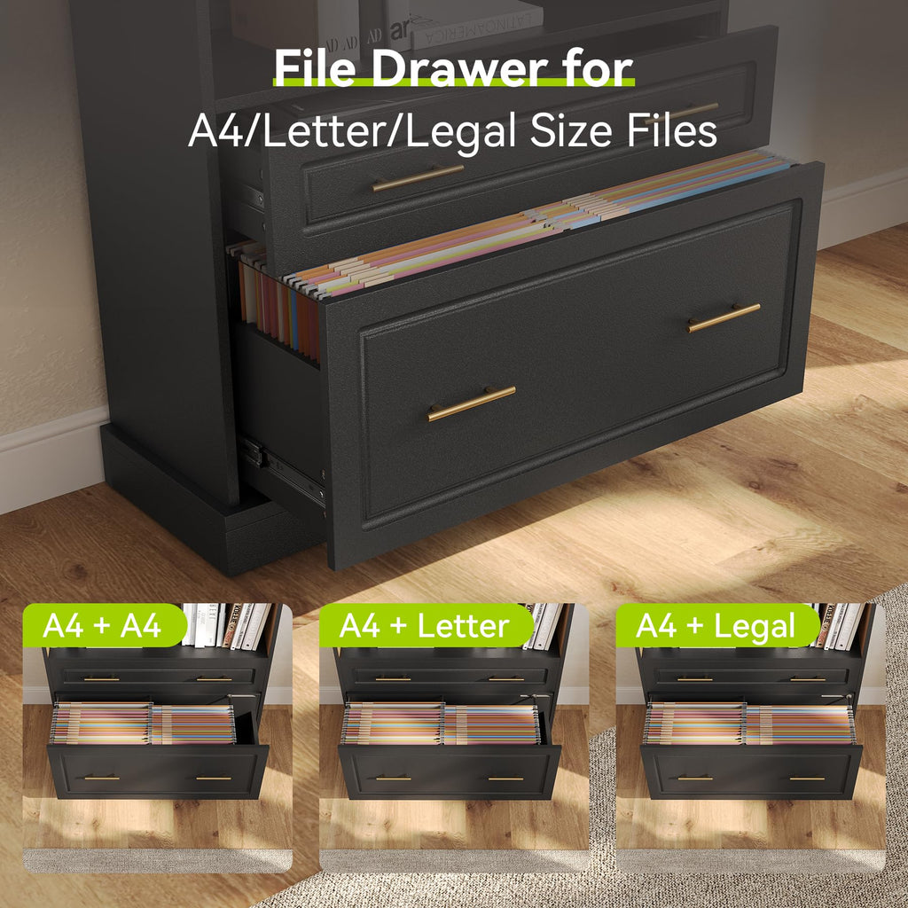 72" Tall Black 5-Tier Bookcase with 2 Drawers G86354