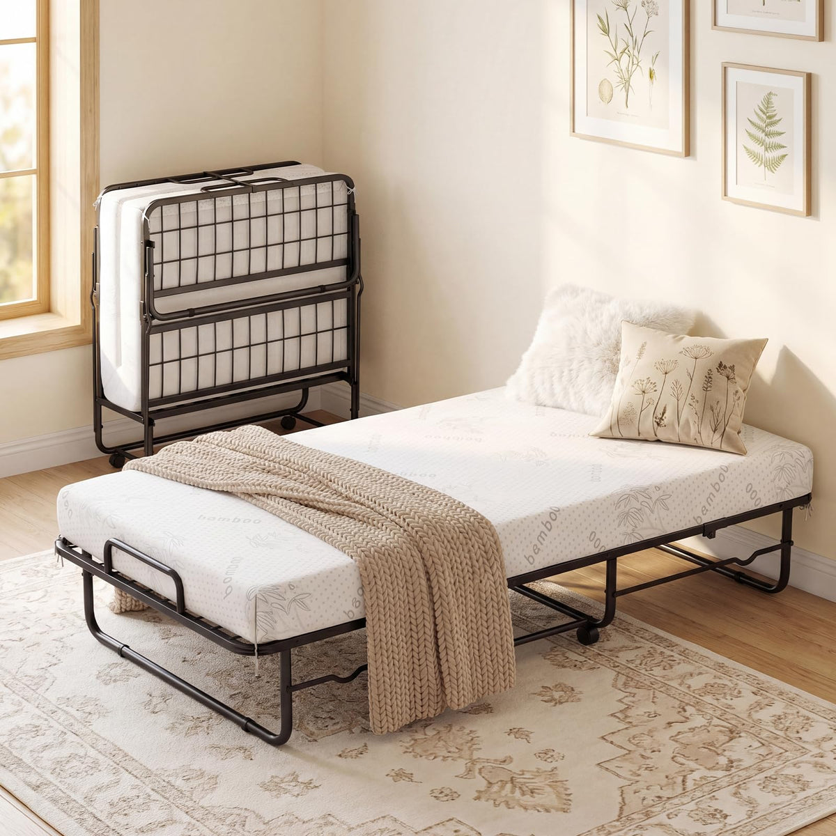 Folding Bed with 5-Inch Mattress, Twin Size Foldable Guest Bed with Metal Frame I9700