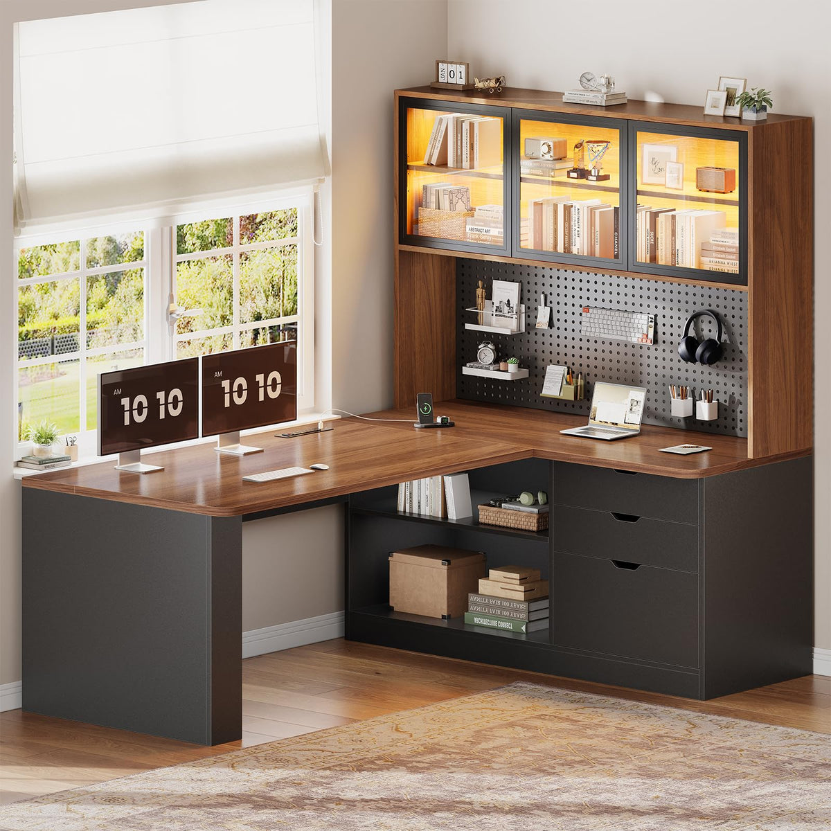 L Shaped Computer Desk with Drawer and Bookshelf B380