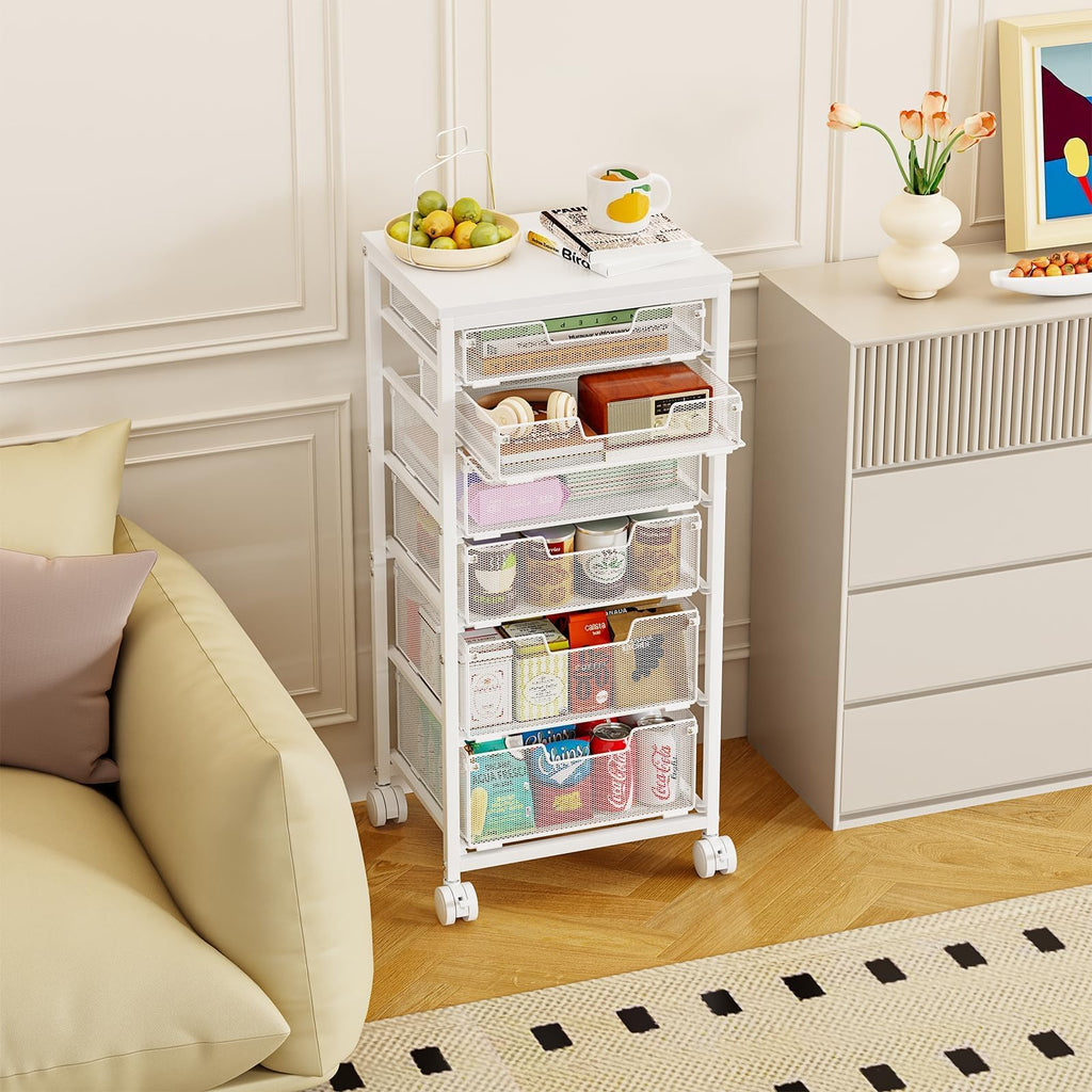 6 Drawers Rolling Utility Cart with Wooden Tabletop V548