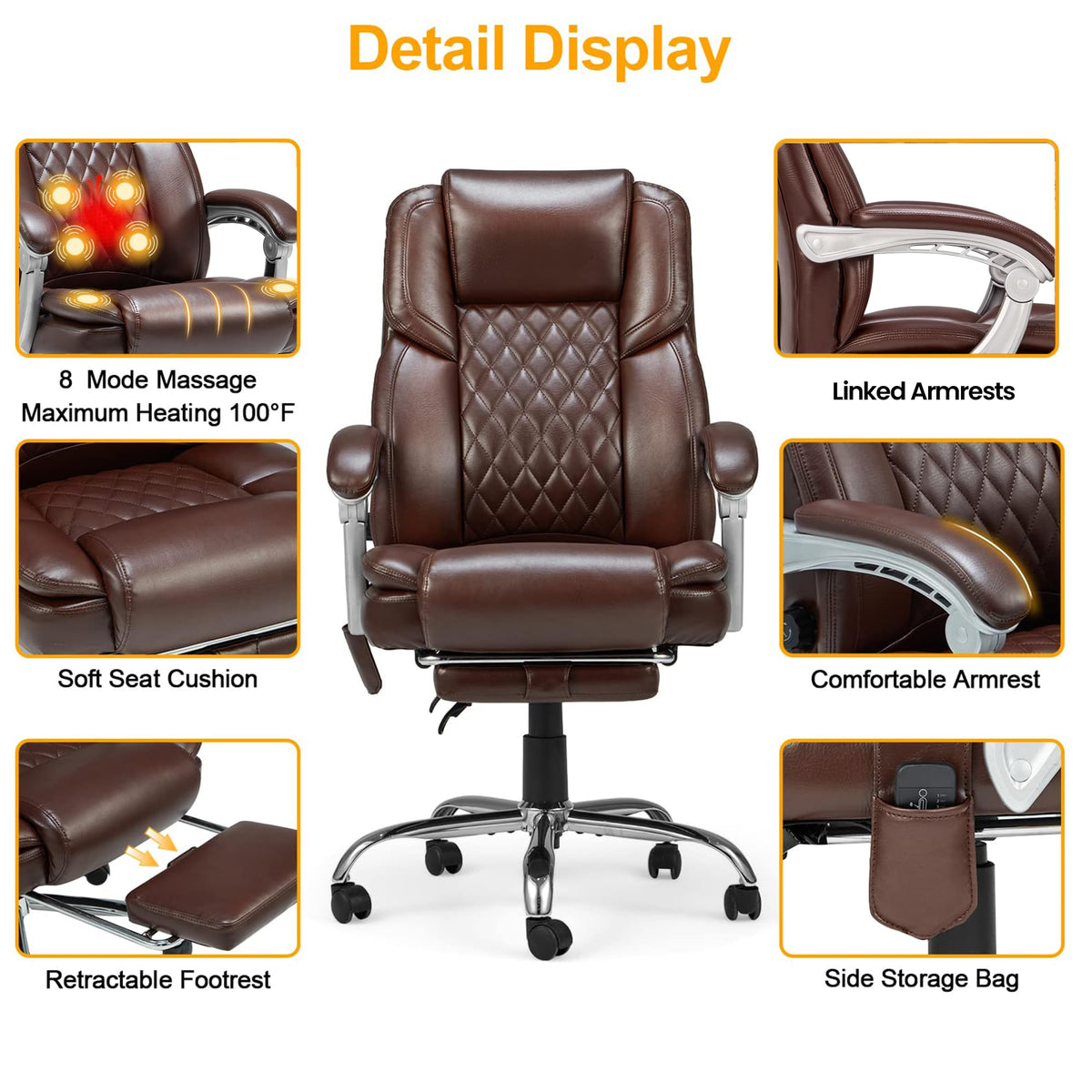 Brown Heated Massage Office Chair with Footrest M9150