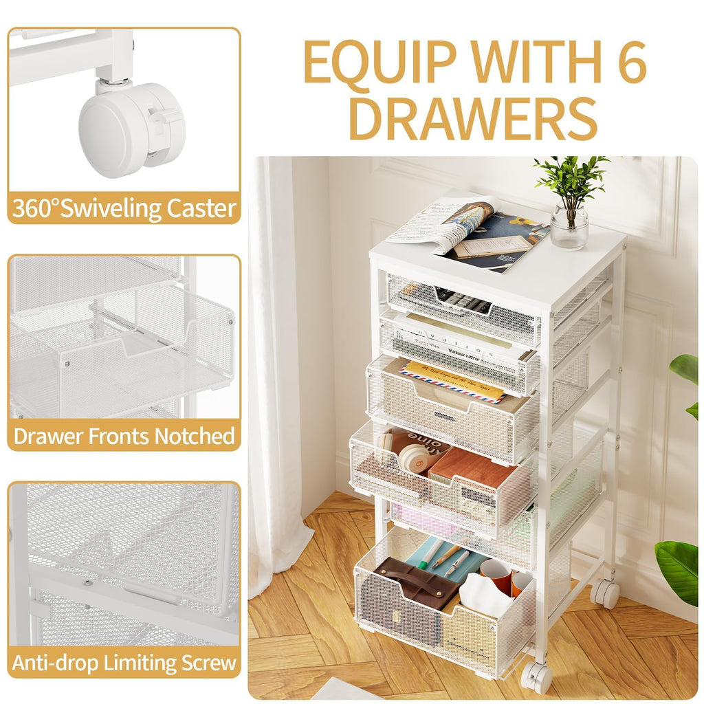 6 Drawers Rolling Utility Cart with Wooden Tabletop V548