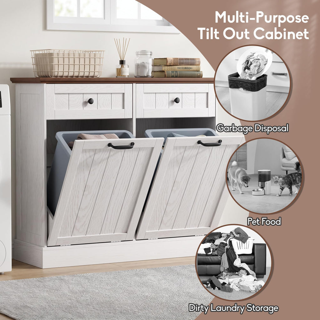 White 2x10 Gallons Tilt Out Trash Can Cabinet E9376