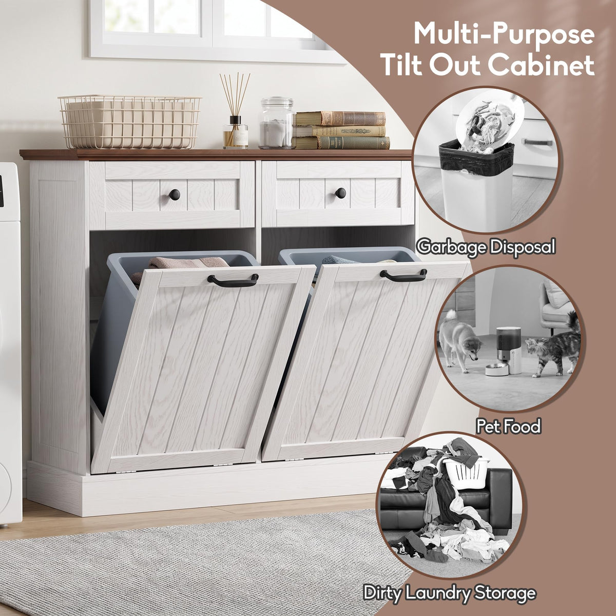 White 2x10 Gallons Tilt Out Trash Can Cabinet E9376