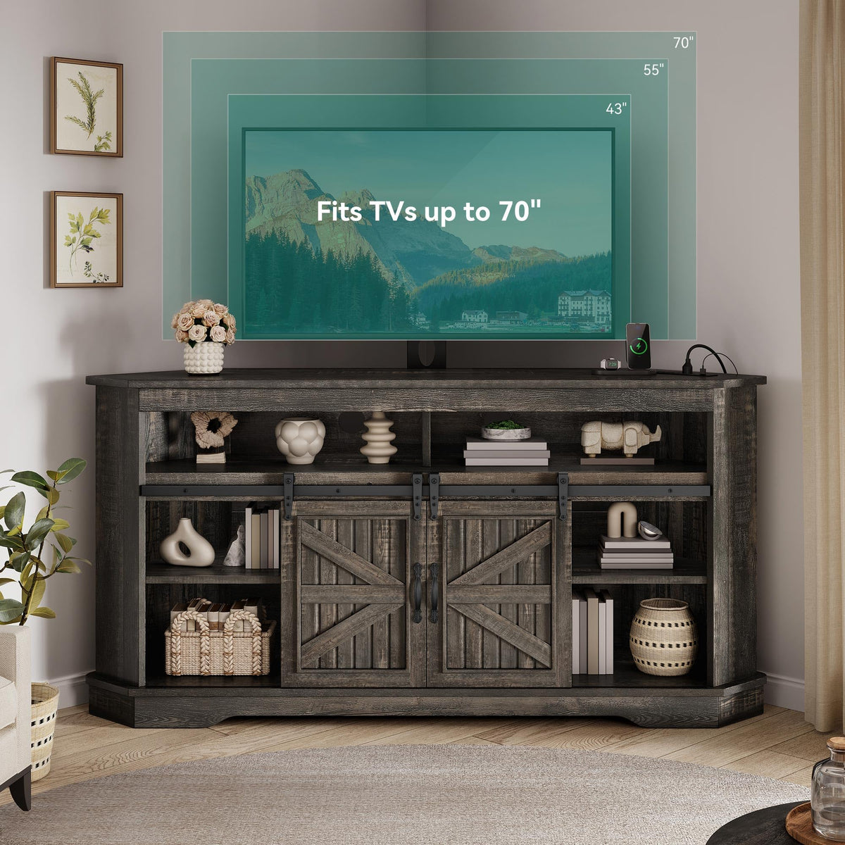 63" Oak Corner TV Stand with Barn Door A680