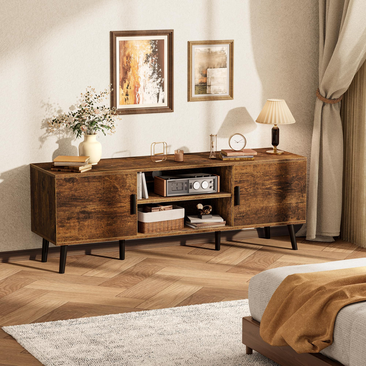 55 Inch TV Stand with Adjustable Shelf and 2 Cabinets U6128
